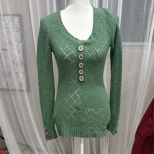 BKE Green V-Neck Sweater with Button Detail